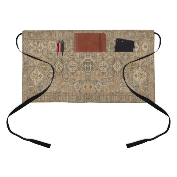 Central Medallion Kitchen Restaurant Half Waist Apron, Vintage Abstract Traditional Brown Textured Server Short Apron with 3 Pockets Waterproof Oil Waist Aprons for Women Waitress Waiter
