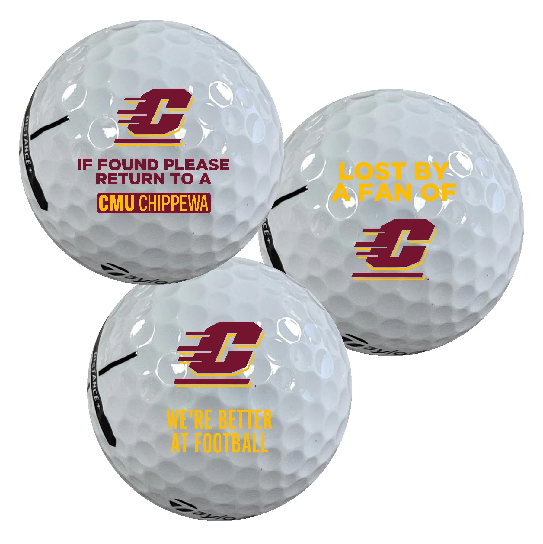 Central Michigan University Chippewas Edition Funny Officially Licensed NCAA Taylormade Distance+ Golf Balls 12-Pack (Dozen)