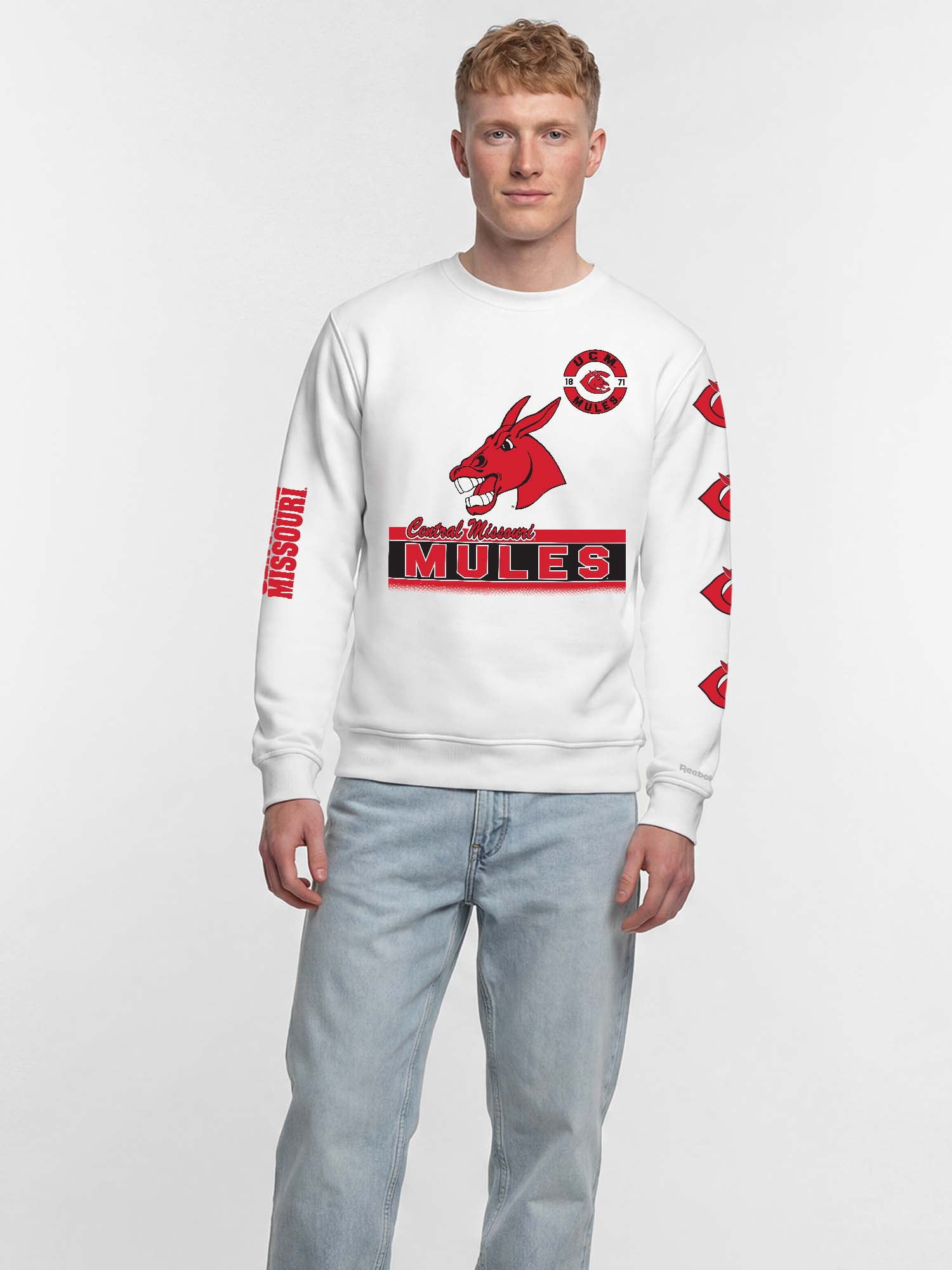 Central Missouri Mules Reebok Mens White Crew Sweatshirt