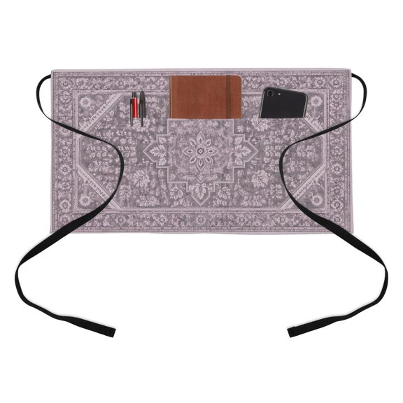 Central Octagon Frame Kitchen Restaurant Half Waist Apron, Vintage Boho Purple Abstract Floral Vine Server Short Apron with 3 Pockets Waterproof Oil Waist Aprons for Women Waitress Waiter