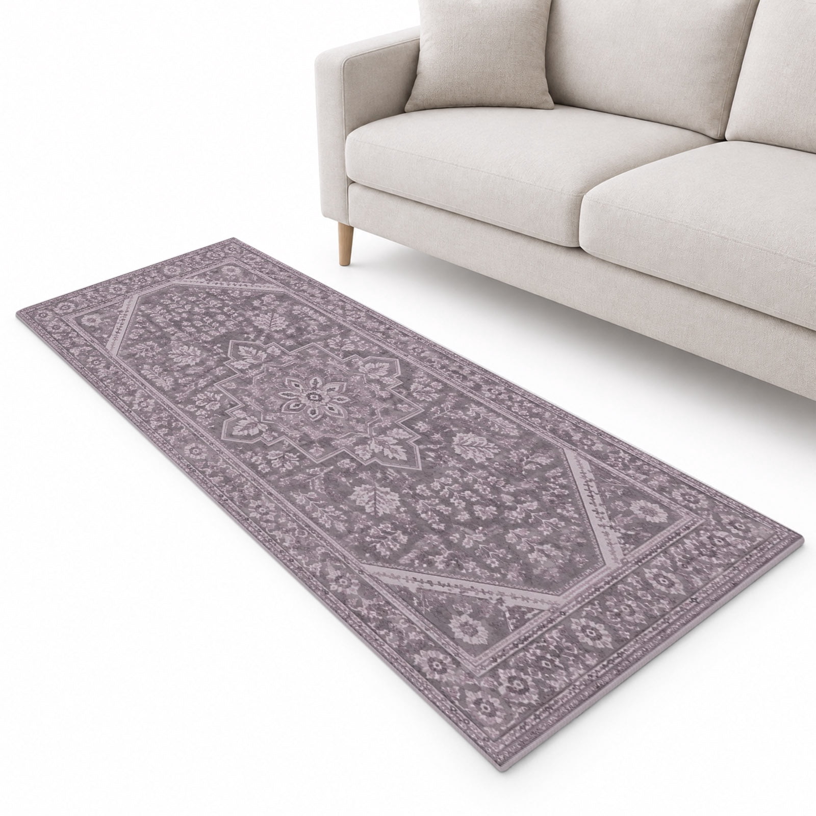 Central Octagon Frame Runner Rug 2.6'x10', Vintage Boho Purple Abstract ...