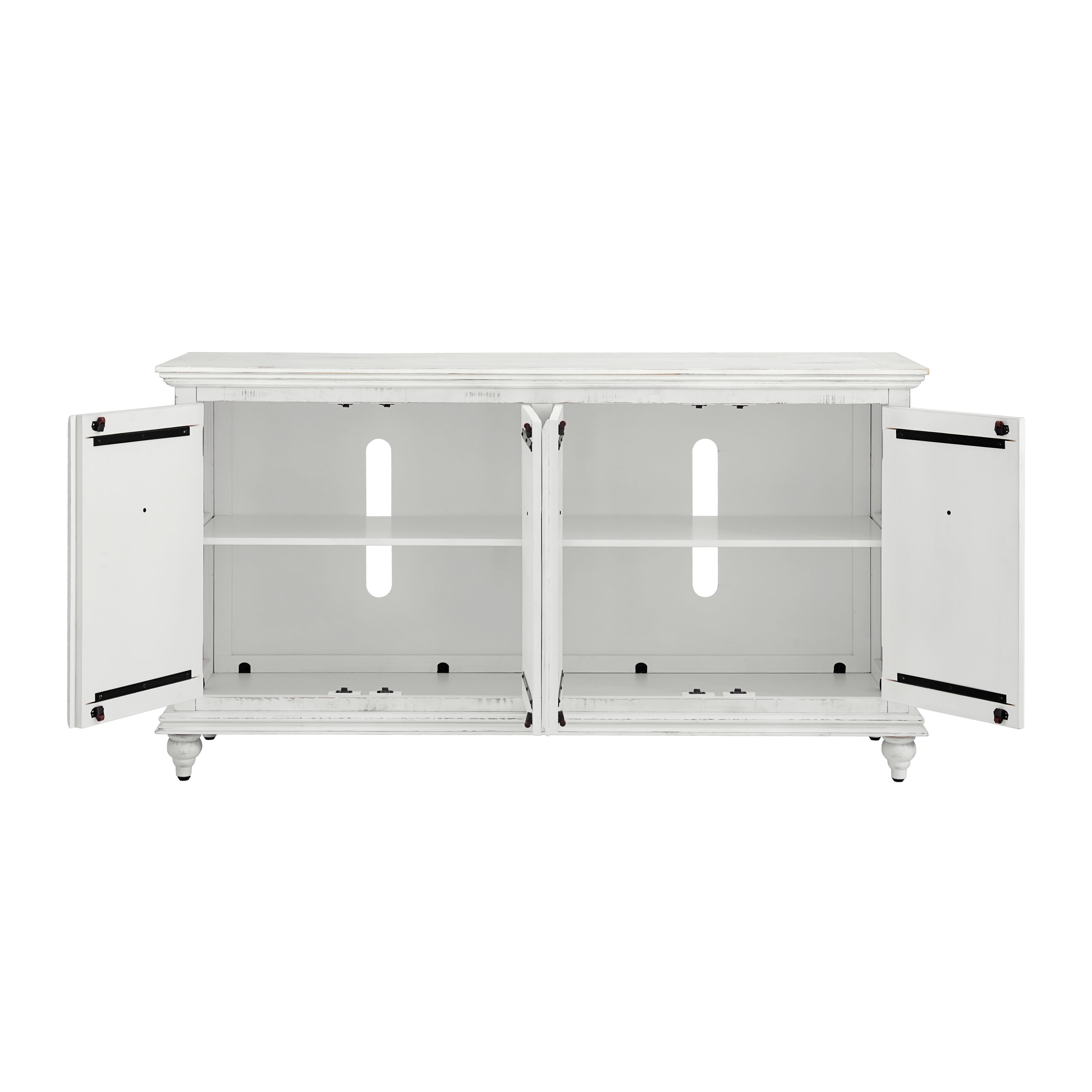 Rustic White Solid Pine Wood 65-Inch TV Stand with Cabinets