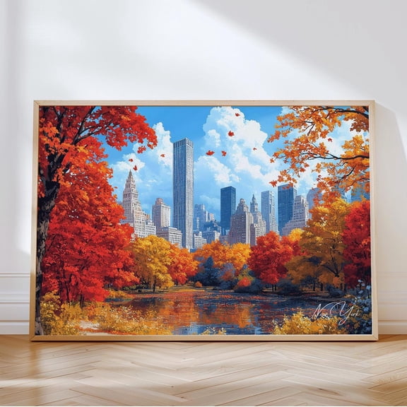 Central Park Autumn Print, Colorful NYC Skyline Travel Print, Unframed Paper Poster 8x10in