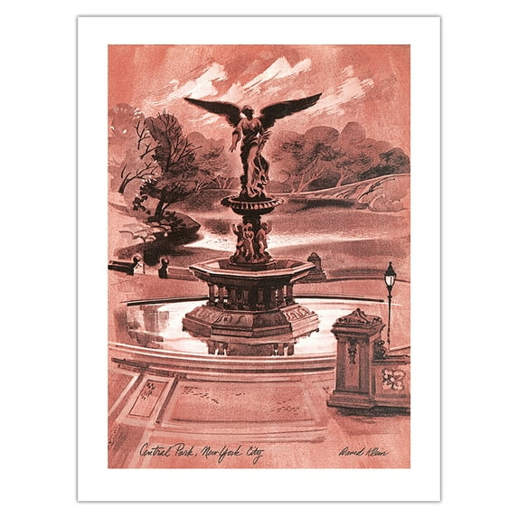 Central Park New York City - Bethesda Fountain - Vintage Travel Poster by David Klein c.1968 - Bamboo Fine Art 290gsm Paper Print (Unframed) 18x24in