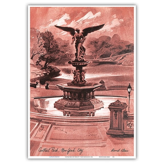 Central Park New York City - Bethesda Fountain - Vintage Travel Poster by David Klein c.1968 - Master Art Print 10in x 14in
