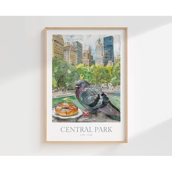 Central Park New York City Wall Art Pigeon Bagel Home Decor Poster Poster, Unframed Size 8x12