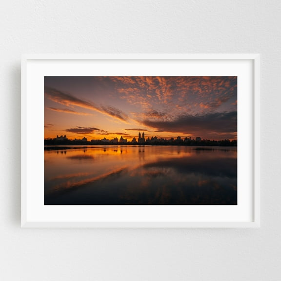 Central Park Sunset 02 - Manhattan New York Photography Sunset Cityscape Skyline Water Landscape Scenic White Framed Wall Art Print 5 x 7 inches