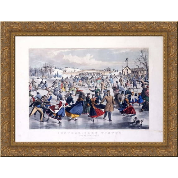 Central Park, Winter. The Skating Pond 24x18 Gold Ornate Wood Framed Canvas Art by Currier and Ives