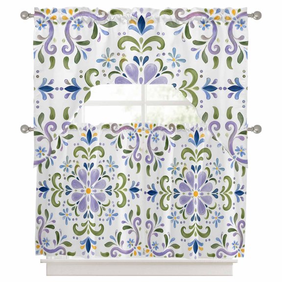 Central Purple Rosette 3 Piece Swag Kitchen Curtains Set, Summer Mediterranean Green Majolica Print Valance and Tier Curtains 24 in Long, 56" x 36" Window Topper for Cafe Bathroom Bedroom