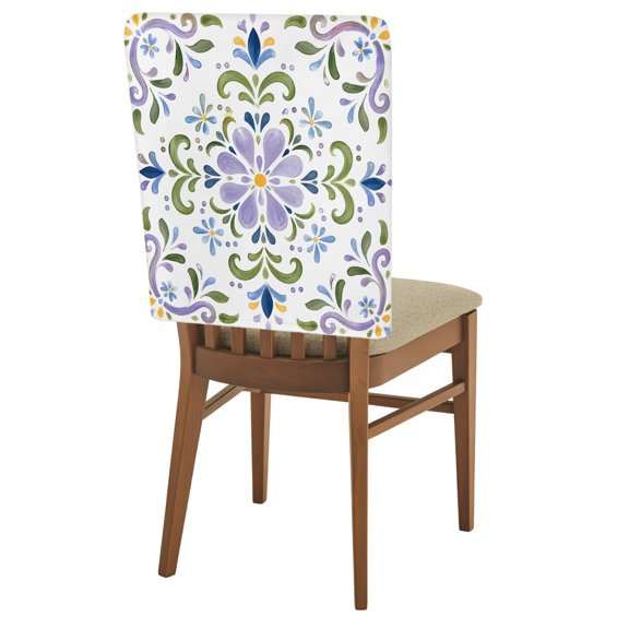 Central Purple Rosette Chair Back Covers Set of 1 Summer Mediterranean Green Majolica Print Removable Dining Chair Slipcovers Washable Seat Protector for Restaurant Party Banquet Kichen Decor