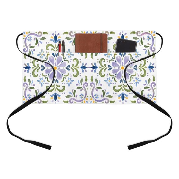 Central Purple Rosette Kitchen Restaurant Half Waist Apron, Summer Mediterranean Green Majolica Print Server Short Apron with 3 Pockets Waterproof Oil Waist Aprons for Women Waitress Waiter