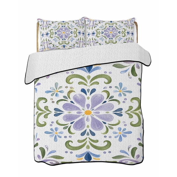 Central Purple Rosette Quilts Bedding Set King Size Summer Mediterranean Green Majolica Print Lightweight Quilted Bedspread 3 Piece Bed Quilt with 2 Pillow Shams All Season for Bedroom 90" x 96"