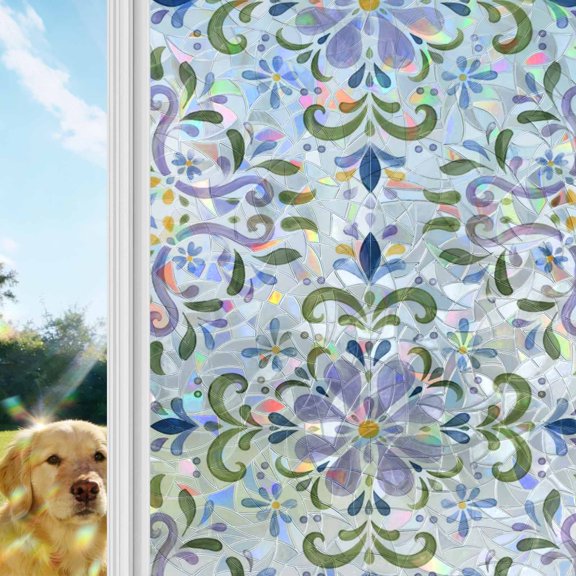 Central Purple Rosette Rainbow Window Privacy Film, Summer Mediterranean Green Majolica Print Stained Glass Window Film, Sun Blocking Static Cling Non Adhesive Door Stickers 17.7 x 39.3 Inches
