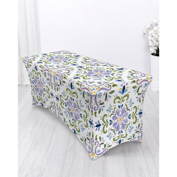 Central Purple Rosette Spandex Tablecloth 4ft Summer Mediterranean Green Majolica Print Elastic Fitted Cloth for Rectangle Table Washable Wrinkle Proof Stretch Table Cover for Wedding Party Banquet