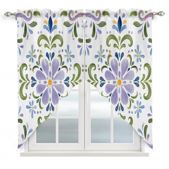 Central Purple Rosette Swag Valances for Windows 2 Pack Summer Mediterranean Green Majolica Print Swag Kitchen Curtains 63 Inches Long Rod Pocket Short Window Treatment for Kitchen Bathroom 36"x63"