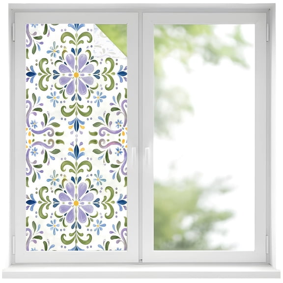 Central Purple Rosette Window Privacy Film 17.7x39.3in Summer Mediterranean Green Majolica Print Decorative Window Film with Static Cling, UV Filtering Window Cling Privacy Film for Glass Doors