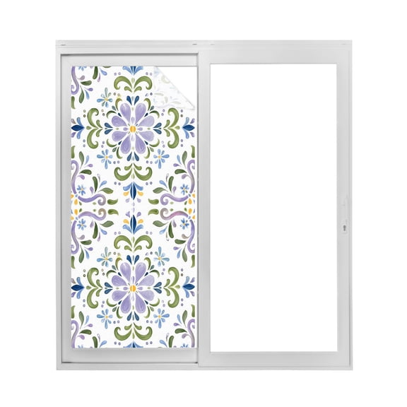 Central Purple Rosette Window Privacy Film Summer Mediterranean Green Majolica Print Decorative Glass Window Film UV Blocking Static Cling Non-Adhesive Sticker Covering 17.7 x 39.3 inches