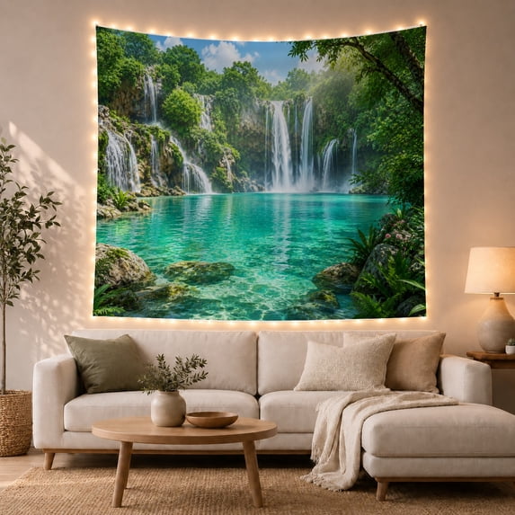 Central Waterfalls Over a Bright Turquoise Forest Lake, Serene Digital Art for Nature Lovers, Aquatic Landscape Decor, New Home Gift, Tapestry Wall Hanging for Studio and Den