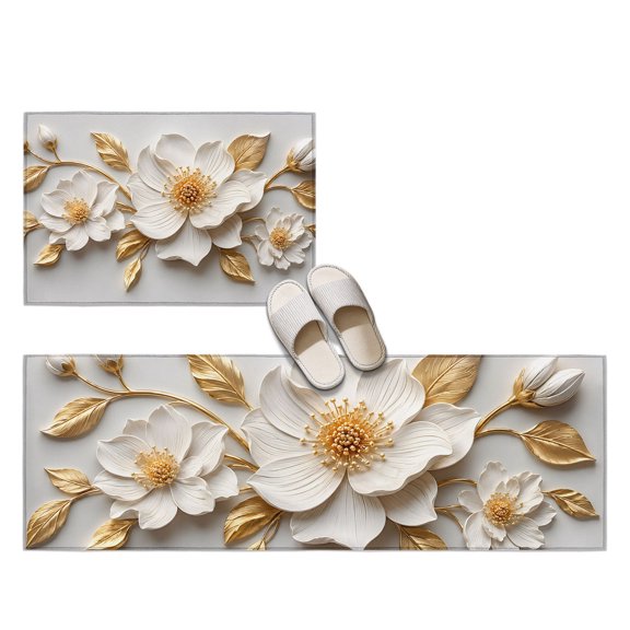 Central White Gold Floral 2 Pieces Non-Slip Kitchen Mat Set, Vintage Plaster Sculpture Matte Finish Soft Door Mat with Rubber Backing, Dirtproof Rugs for Entrance Doorway, 23.6x35.4in+23.6x70.9in