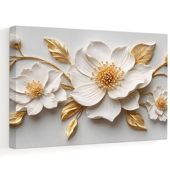 Central White Gold Floral Canvas Wall Art 10" x 8" Vintage Plaster Sculpture Matte Finish Frame Picture Prints, Ready to Hang Waterproof Artwork Decor for Bathroom, Kitchen Small Wall Spaces