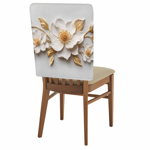 Central White Gold Floral Chair Back Covers Set of 1 Vintage Plaster Sculpture Matte Finish Removable Dining Chair Slipcovers Washable Seat Protector for Restaurant Party Banquet Kichen Decor