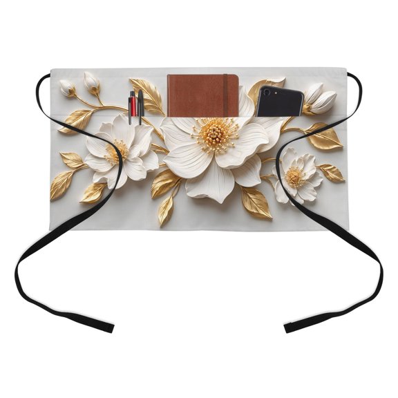 Central White Gold Floral Kitchen Restaurant Half Waist Apron, Vintage Plaster Sculpture Matte Finish Server Short Apron with 3 Pockets Waterproof Oil Waist Aprons for Women Waitress Waiter