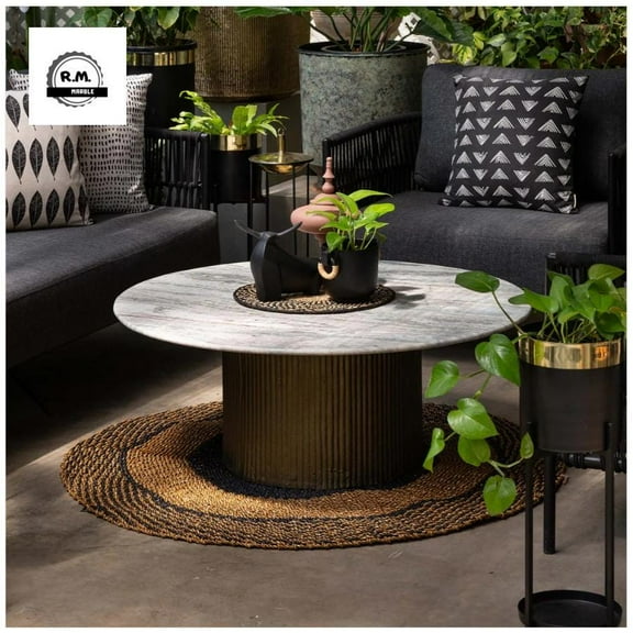 Centre Table with Fluted Makrana Marble Coffee Table 100x100x39 Classic Home Living Room Decorative Side Table