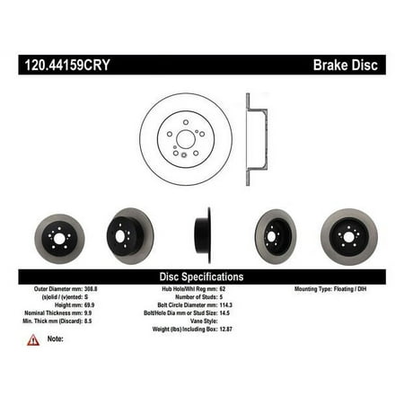 Centric 120.44159 Premium Brake Rotor Fits select: 2008-2013 TOYOTA HIGHLANDER