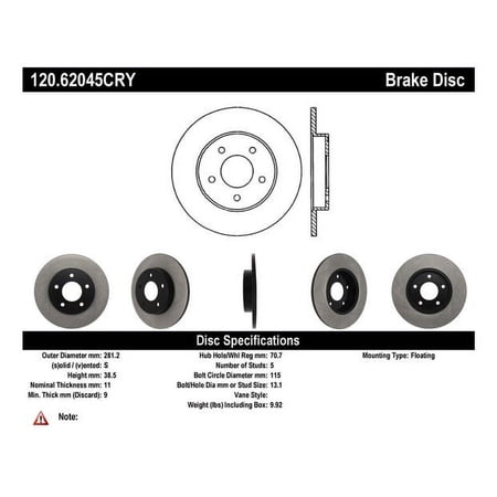 Centric 120.62045 Premium Brake Rotor Fits select: 2000-2005 BUICK LESABRE, 1999 CADILLAC COMMERCIAL CHASSIS