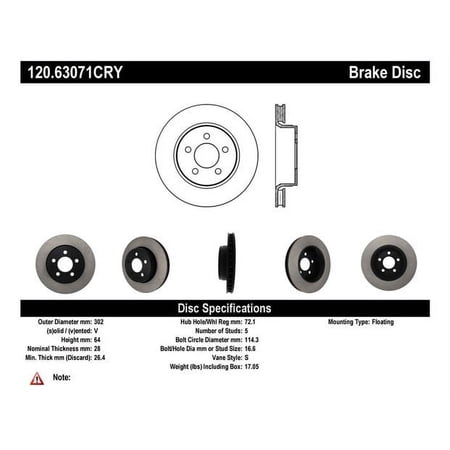 Centric 120.63071 Premium Brake Rotor Fits select: 2008-2012 JEEP LIBERTY, 2007-2011 DODGE NITRO