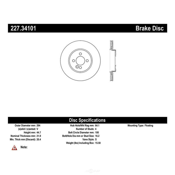 Centric 227.34101 Disc Brake Rotor Fits select: 2007,2012 MINI COOPER