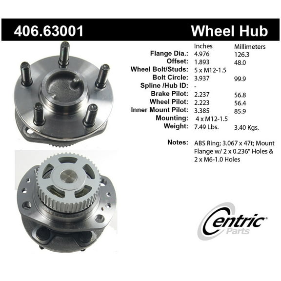 Centric 406.63001 Premium Hub and Bearing Assembly; With ABS Tone Ring