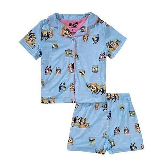 Centric Brands Bluey & Bingo Girls 2pc Pool Day Pajama Set Button-Down Collar Top & Shorts Infant & Toddler Sizes 12M4T