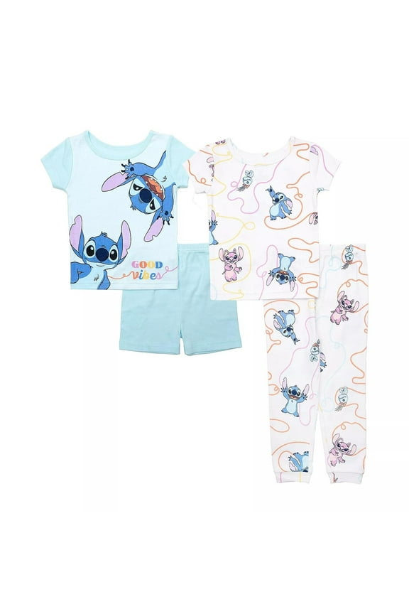 Girls Stitch & Angel 4pc Pajama Set  2 Short Sleeve Tops, Shorts & Pants  Cute Disney Sleepwear  100% Cotton