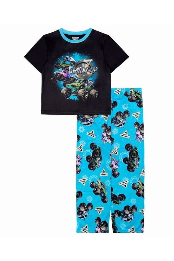 Monster Jam Boys 2-Piece Pajama Set, Viscose Spandex, Crew Neck Short Sleeve Shirt & Pants, Trucks, Sizes 6-12