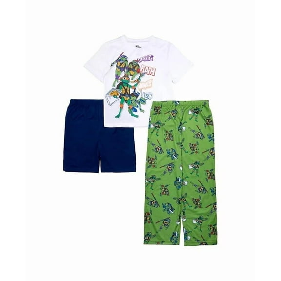 Centric Brands Teenage Mutant Ninja Turtles Boys' 3-Piece Pajama Set, Polyester, Short Sleeve Shirt, Shorts & Pants, Leo, Raph, Mikey, Donnie, Sizes 4-10