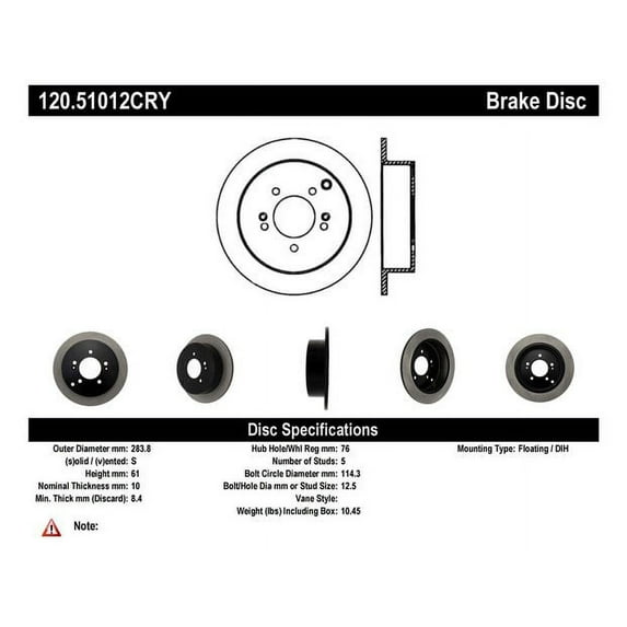 Centric Parts 120.51012 Premium Brake Rotor with E-Coating Fits select: 2005-2015 HYUNDAI TUCSON, 2007-2016 KIA SPORTAGE