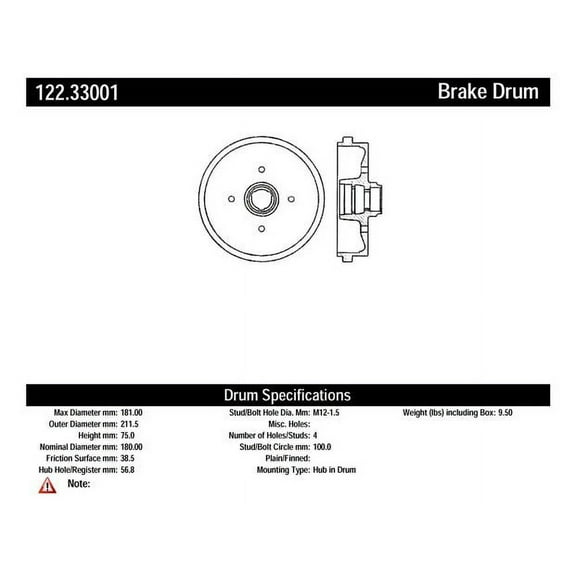 Centric Parts Brake Drum P/N:122.33001 Fits select: 1975-1982 VOLKSWAGEN RABBIT, 1986-1993 VOLKSWAGEN CABRIOLET