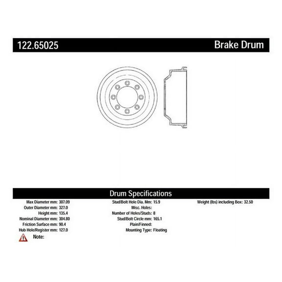 Centric Parts Brake Drum P/N:122.65025 Fits select: 1997-1999 FORD F250, 1996-1997 FORD F350