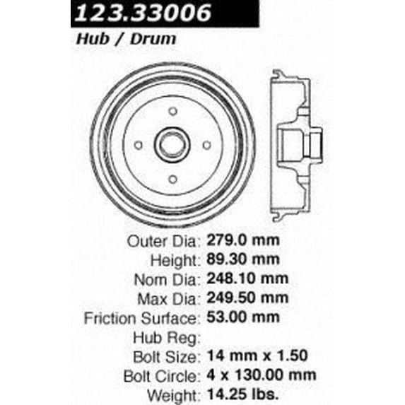 Centric Parts Brake Drum P/N:123.33006 Fits select: 1973-1975 VOLKSWAGEN TYPE 1
