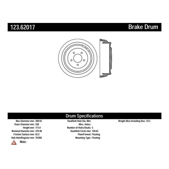 Centric Parts Brake Drum P/N:123.62017 Fits select: 1976-1977 CHEVROLET MALIBU, 1973-1977 CHEVROLET EL CAMINO