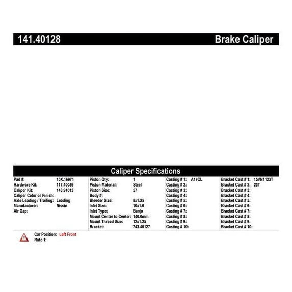 Centric Parts Disc Brake Caliper P/N:141.40128