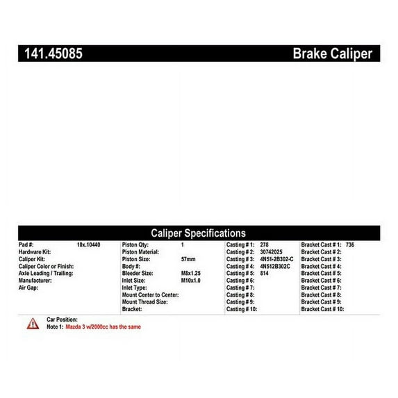 Centric Parts Disc Brake Caliper P/N:141.45085 Fits select: 2004-2011 VOLVO S40, 2004-2005 MAZDA 3