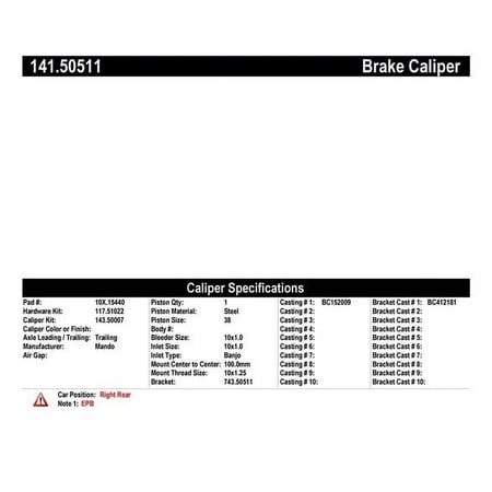 Centric Parts Disc Brake Caliper P/N:141.50511 Fits select: 2013-2015 KIA OPTIMA, 2016 KIA OPTIMA HYBRID