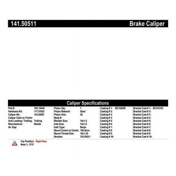 Centric Parts Disc Brake Caliper P/N:141.50511 Fits select: 2013-2015 KIA OPTIMA, 2016 KIA OPTIMA HYBRID