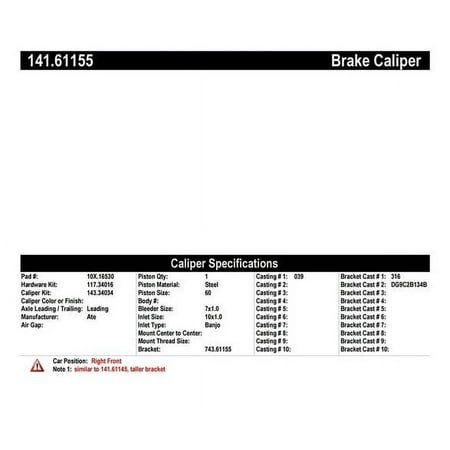 Centric Parts Disc Brake Caliper P/N:141.61155 Fits select: 2013-2014,2017-2020 LINCOLN MKZ