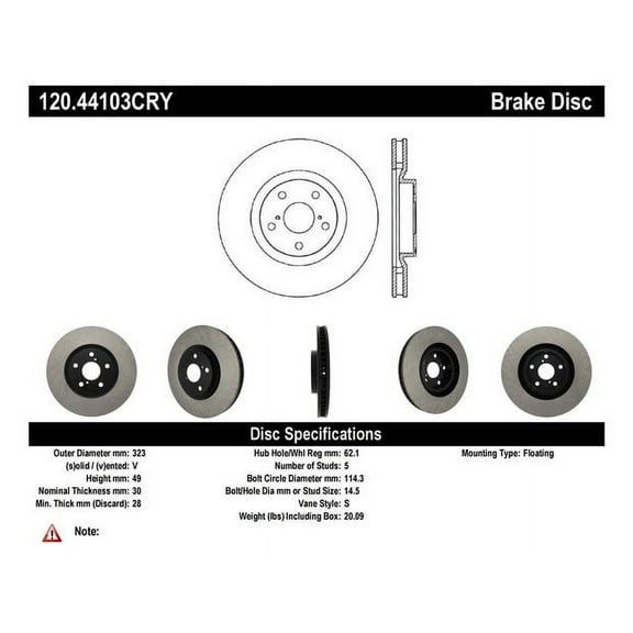 Centric Parts Disc Brake Rotor P/N:120.44103 Fits select: 1994-1996 TOYOTA SUPRA SPORT ROOF, 1993 TOYOTA SUPRA