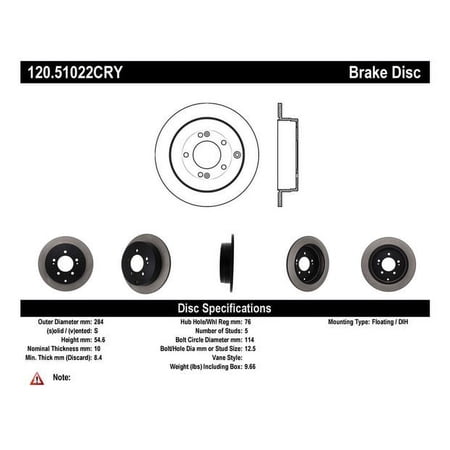 Centric Parts Disc Brake Rotor P/N:120.51022 Fits select: 2006-2009 HYUNDAI AZERA, 2007-2009 KIA AMANTI