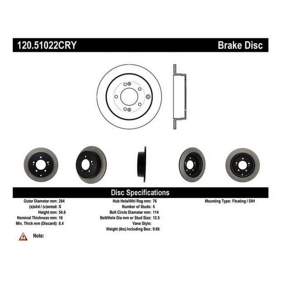 Centric Parts Disc Brake Rotor P/N:120.51022 Fits select: 2006-2009 HYUNDAI AZERA, 2007-2009 KIA AMANTI