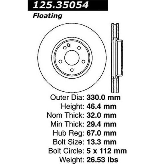 Centric Parts Disc Brake Rotor P/N:125.35054 Fits select: 2000-2002 MERCEDES-BENZ E, 2005-2006 CHRYSLER CROSSFIRE SRT-6